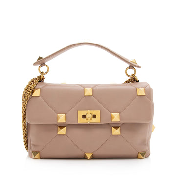 Valentino Calfskin Roman Stud Top Handle Large Shoulder Bag (SHF-22991)