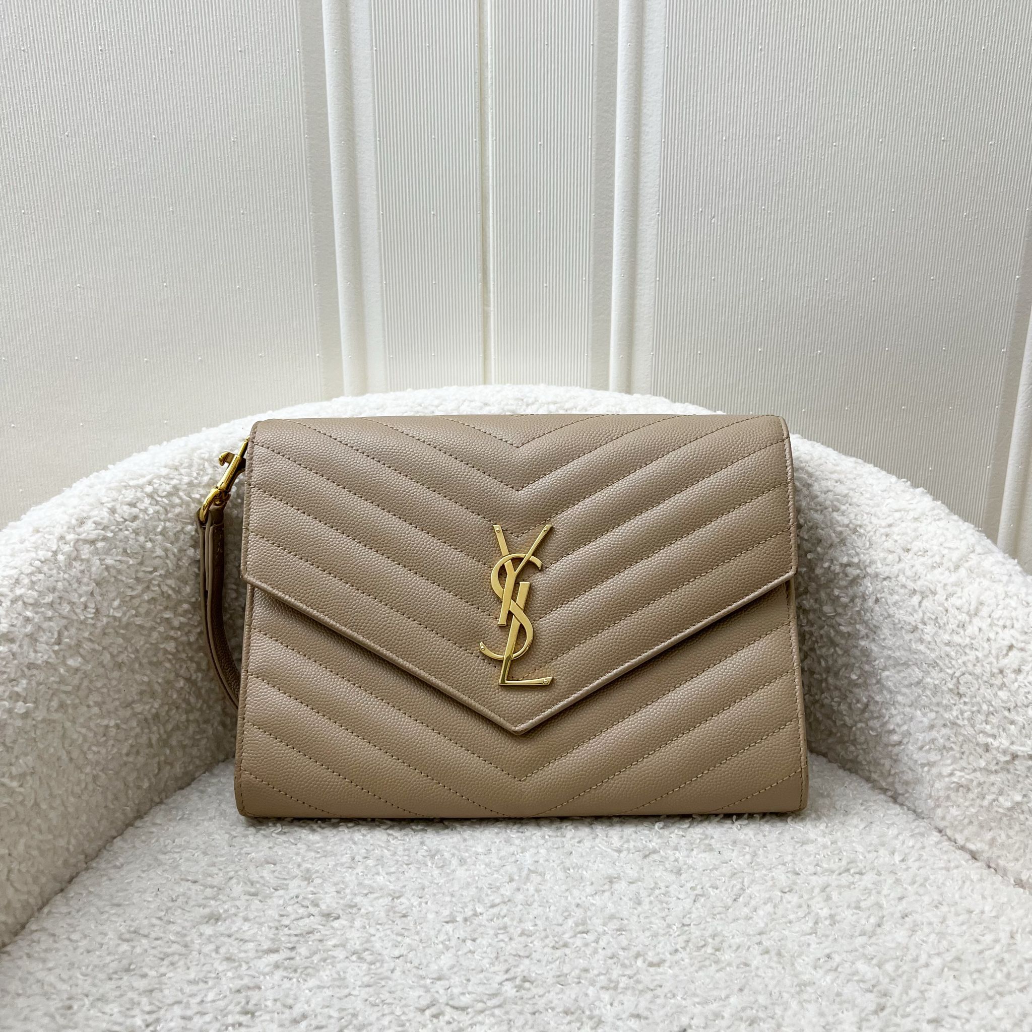 Saint Laurent Monogram Clutch in Dark Beige Grained Leather and GHW