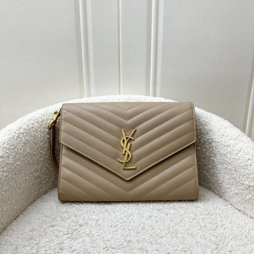 Saint Laurent Monogram Clutch in Dark Beige Grained Leather and GHW