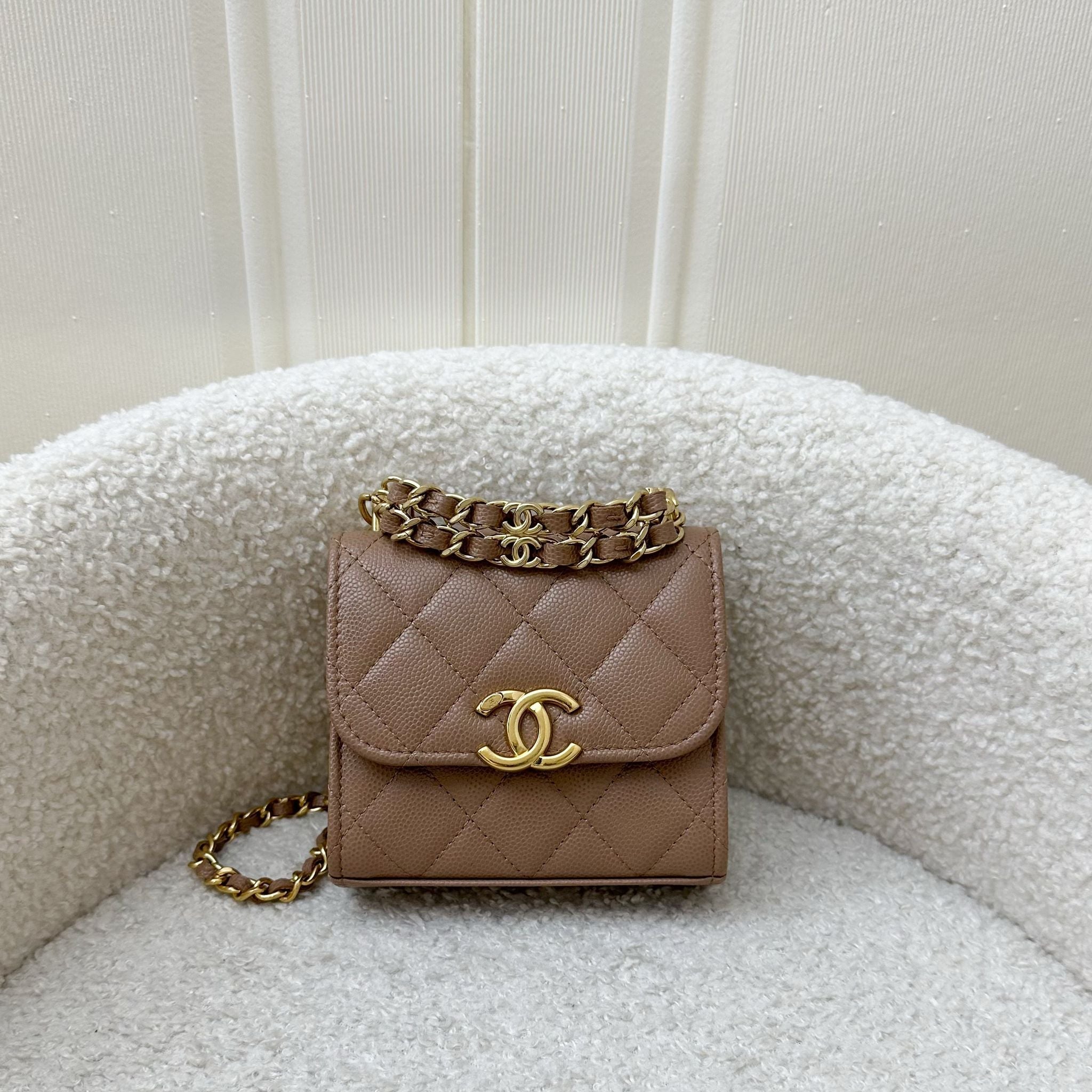 Chanel 22K Coco First Mini Clutch with Chain in Dark Milk Tea Beige Caviar LGHW