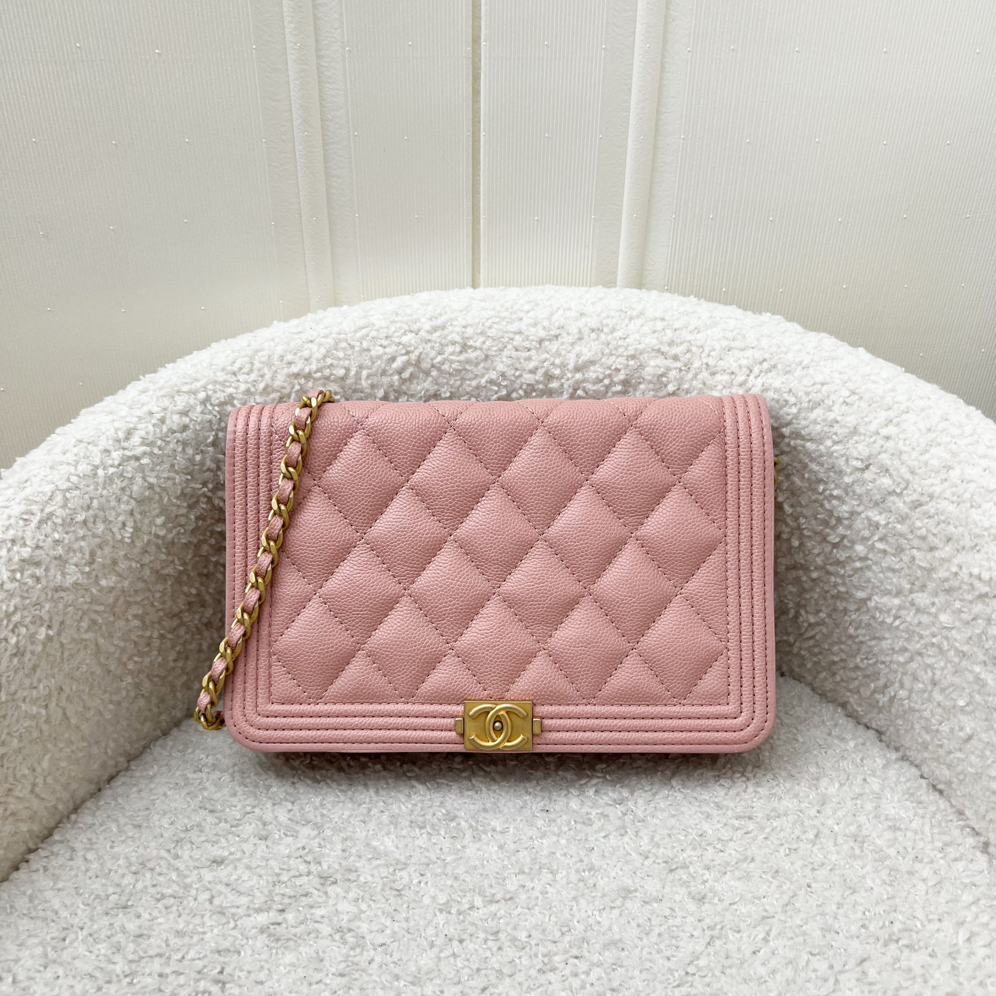 Chanel Boy Wallet on Chain WOC in Light Pink Caviar and AGHW
