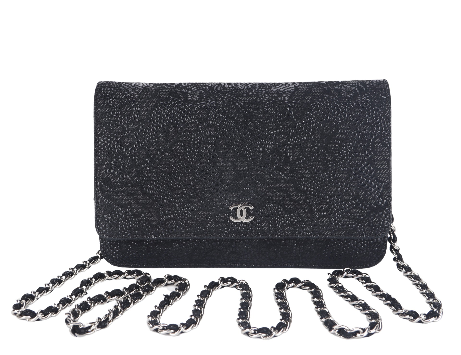 CHANEL W.O.C FLOWER LACE (1895xxxx) BLACK EMBOSSED GOATSKIN SILVER HARDWARE NO DUST COVER