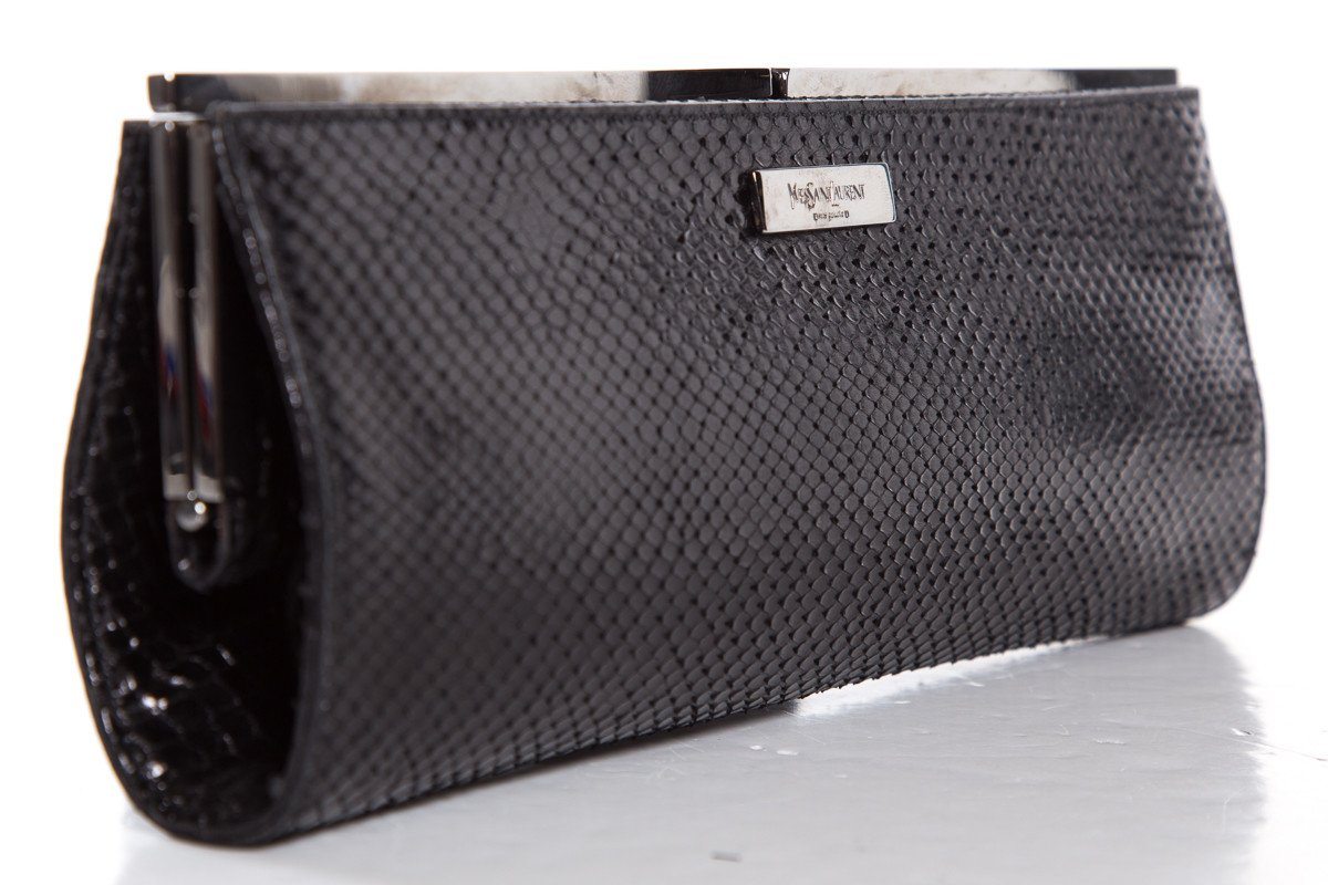 Yves Saint Laurent Black Python Clutch With Wristlet Strap
