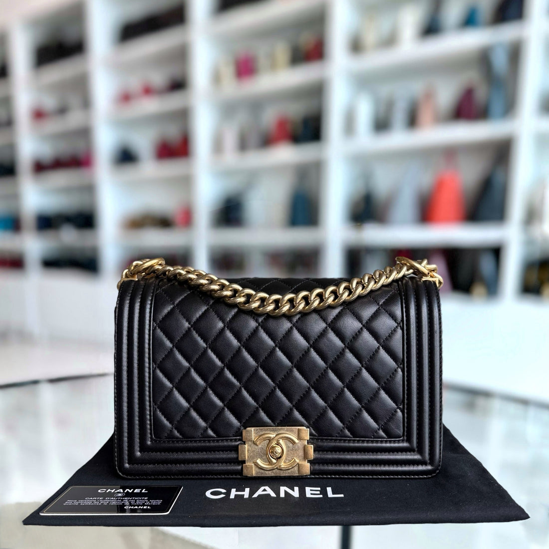 Chanel Boy Medium - 25CM Quilted Lambskin Black Gold Hardware Series 23