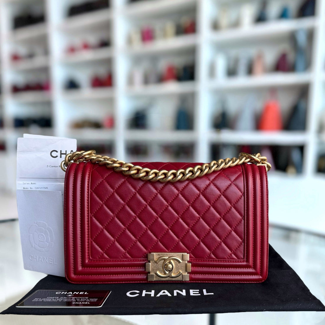 Chanel Boy Medium - 25CM Quilted Lambskin Red Gold Hardware Series 24