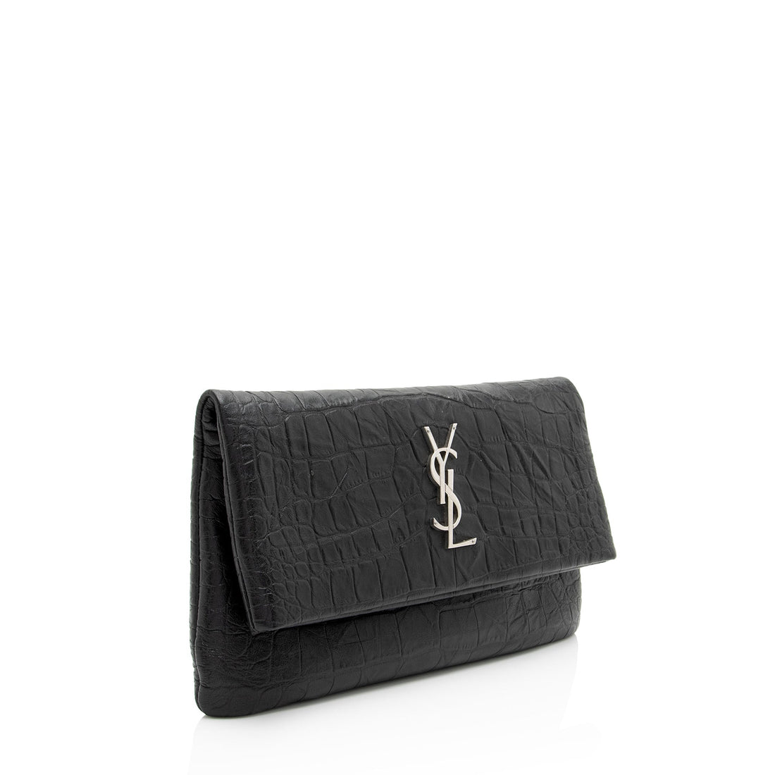 Saint Laurent Croc Embossed Leather West Hollywood Fold Over Clutch