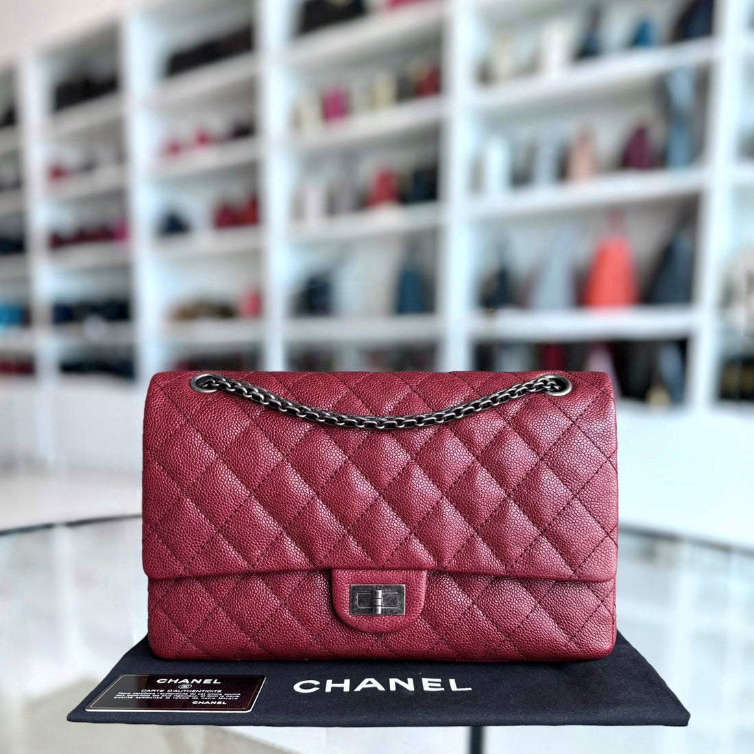 Chanel 2.55 Reissue 226 Medium - Caviar 28CM Quilted Dark Red Burgundy Ruthenium Silver Hardware Series 14
