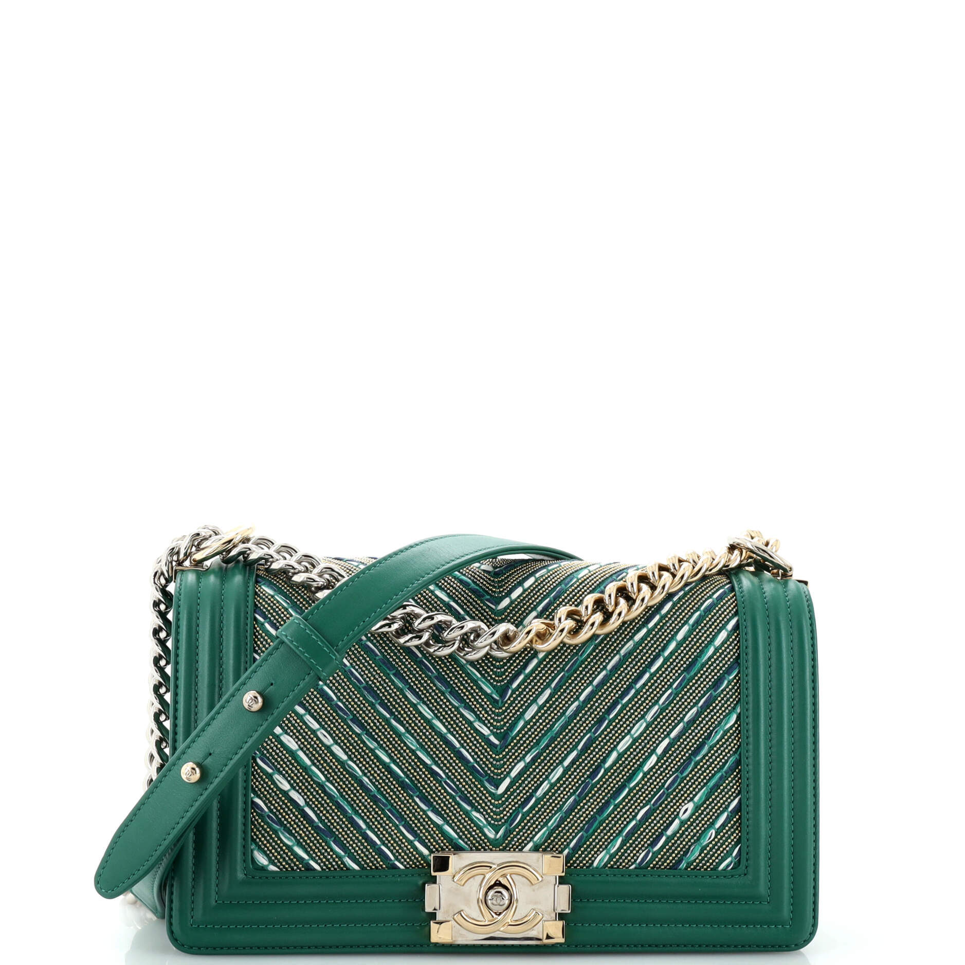 CHANEL Boy Flap Bag Studded Chevron Calfskin with Tweed Old Medium