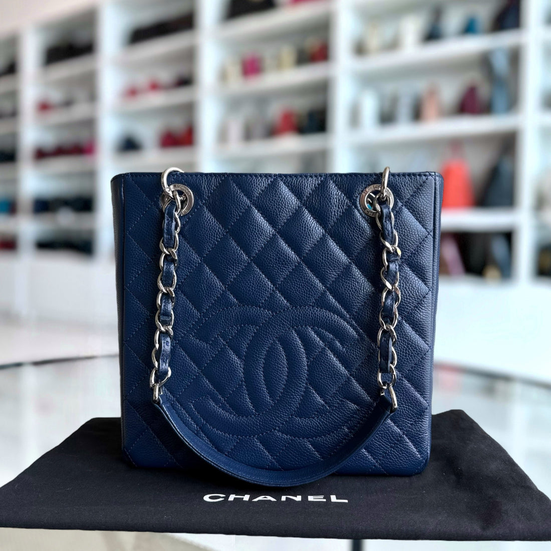 Chanel PST Petite Shopping Tote - Caviar 24CM Quilted Dark Blue Silver Hardware Series 15