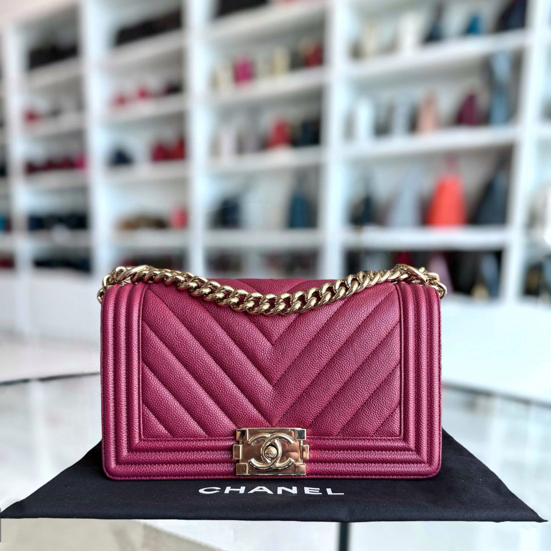 Chanel Boy Medium - Caviar 25CM Chevron Burgundy Gold Hardware Series 24