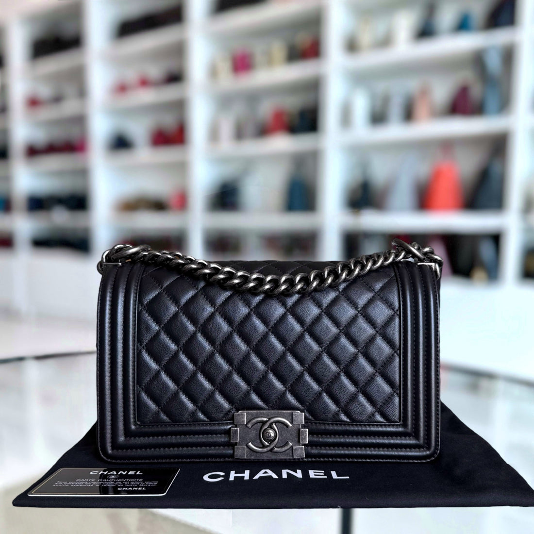 Chanel Boy Medium - Grained Calfskin 25CM Quilted Black Ruthenium Silver Hardware Series 24