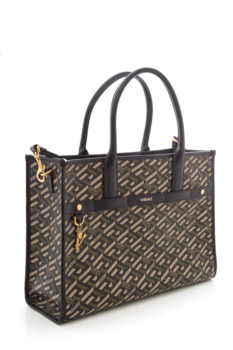 Versace Green Top Handle La Greca Print Tote