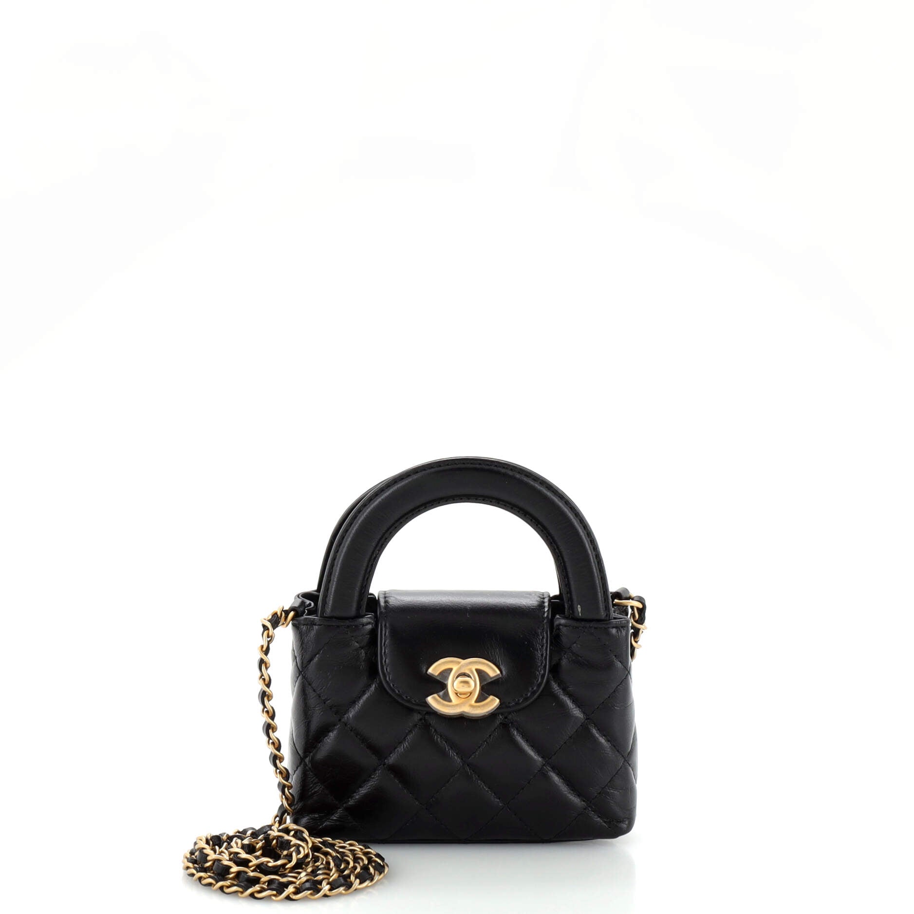 CHANEL Kelly Top Handle Clutch with Chain Quilted Shiny Aged Calfskin