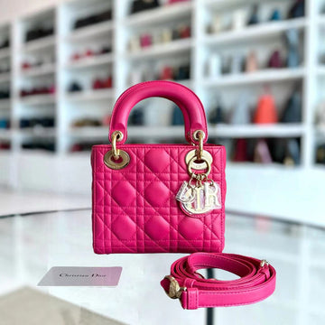 *Adjustable Strap* Lady Mini Cannage Lambskin Hot Pink Golden Hardware