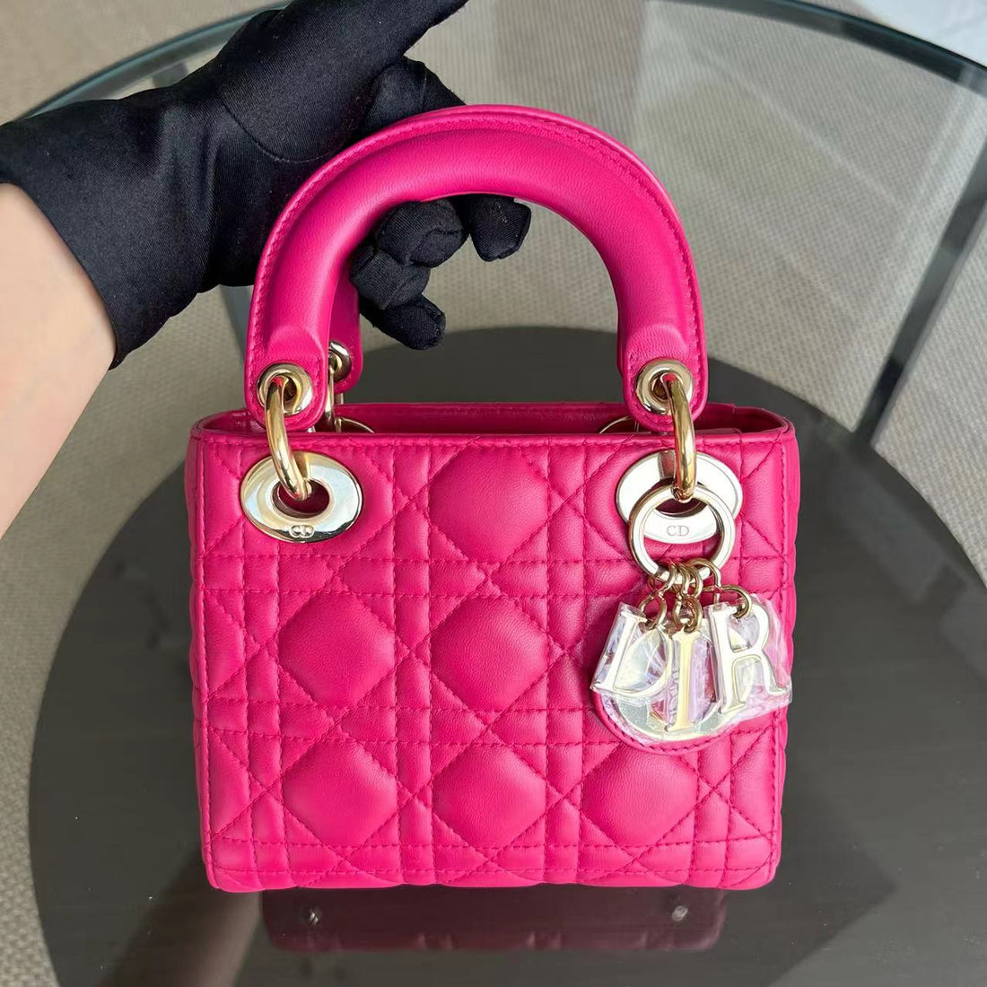 *Adjustable Strap* Lady Mini Cannage Lambskin Hot Pink Golden Hardware
