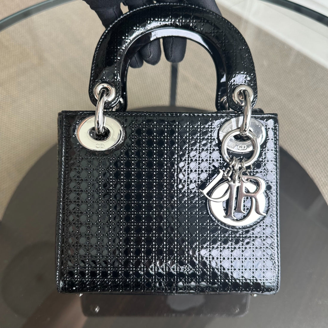 *Adjustable strap* Lady Mini Micro-Cannage Glazed Calfskin Leather Black SHW