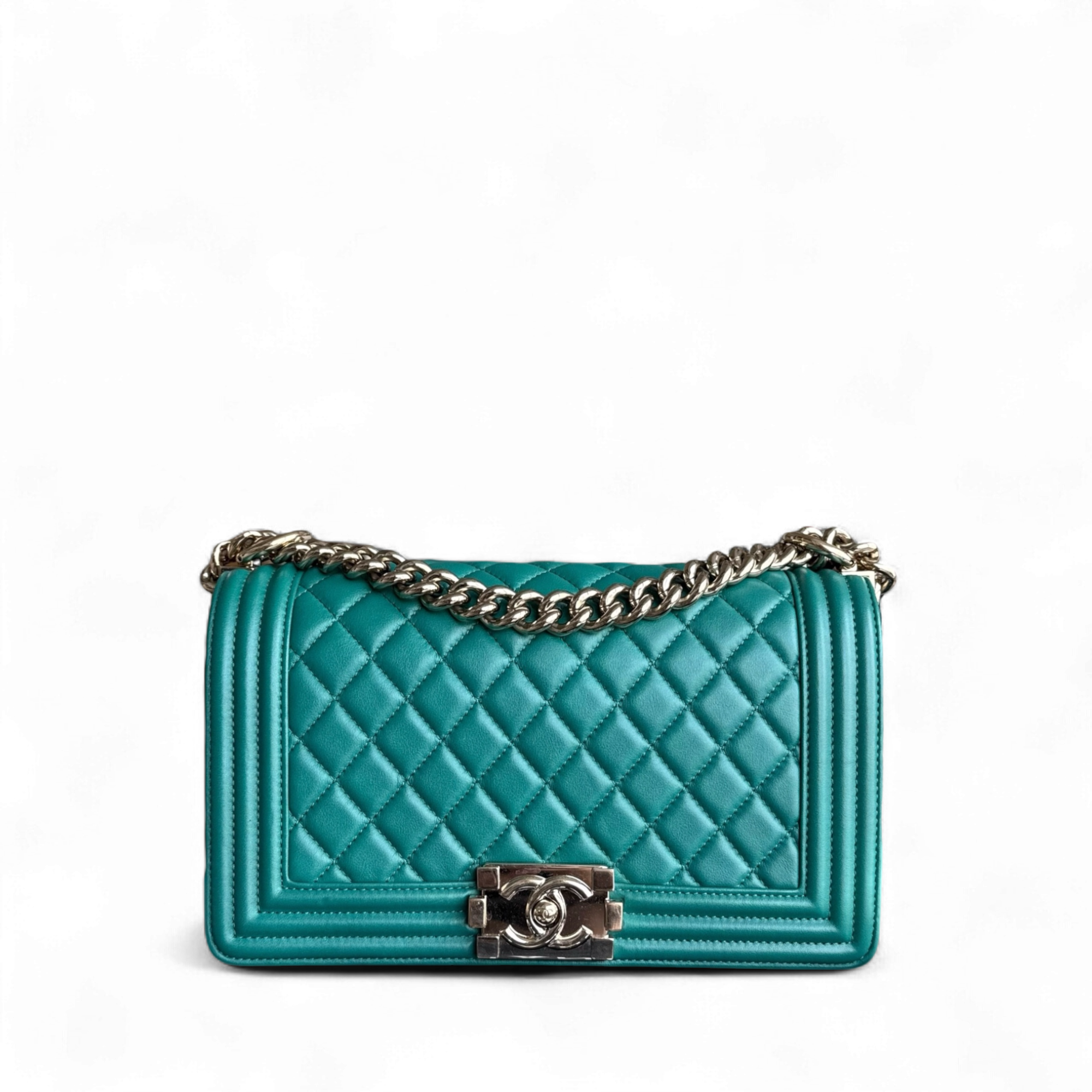 Chanel Boy Medium - 25CM Quilted Lambskin Green Gold Hardware Series 28