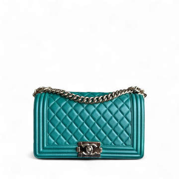 Chanel Boy Medium - 25CM Quilted Lambskin Green Gold Hardware Series 28