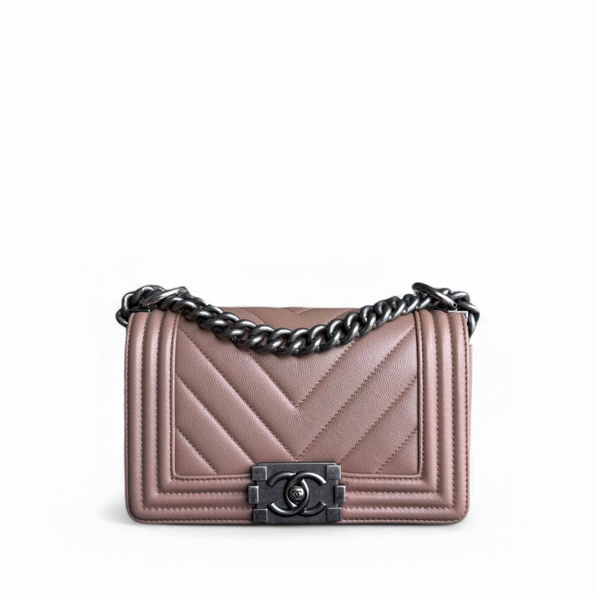 Chanel Boy Small - Caviar Chevron 23CM Dark Beige Blush Ruthenium Silver Hardware Series 24