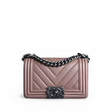 Chanel Boy Small - Caviar Chevron 23CM Dark Beige Blush Ruthenium Silver Hardware Series 24