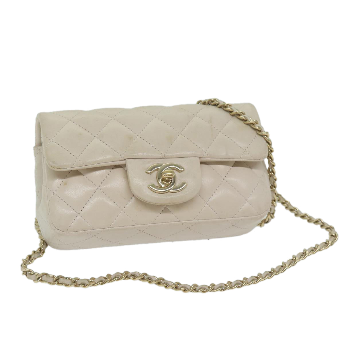 Top Quality Chanel Mini Matelasse Turn Lock Shoulder Bag Lamb Skin Beige CC Auth ar10895A