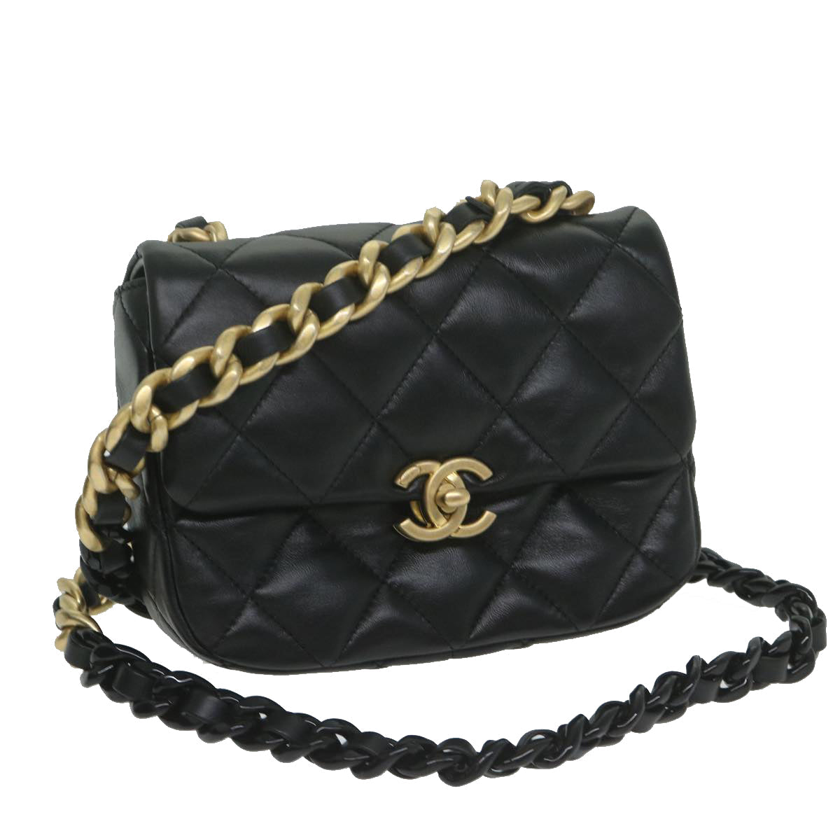 Top Quality Chanel Matelasse Turn Lock Chain Shoulder Bag Lamb Skin Black CC Auth ar11105A