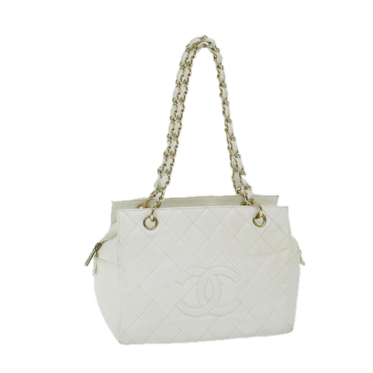Top Quality Chanel Matelasse Chain Shoulder Bag Caviar Skin White CC Auth ar11502
