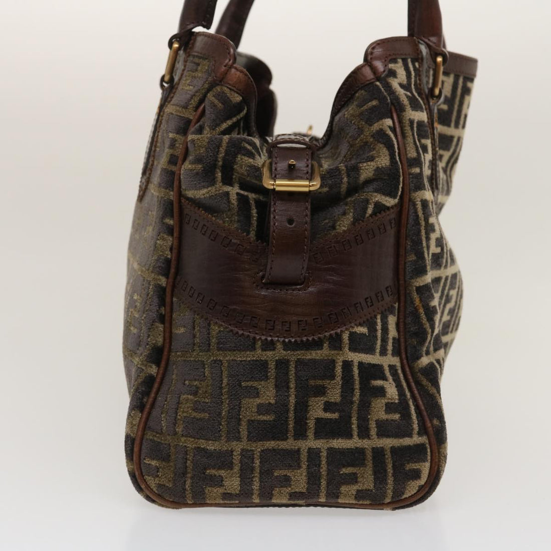 FENDI Zucca Canvas Tote Bag Velor Brown Black Auth ar6954