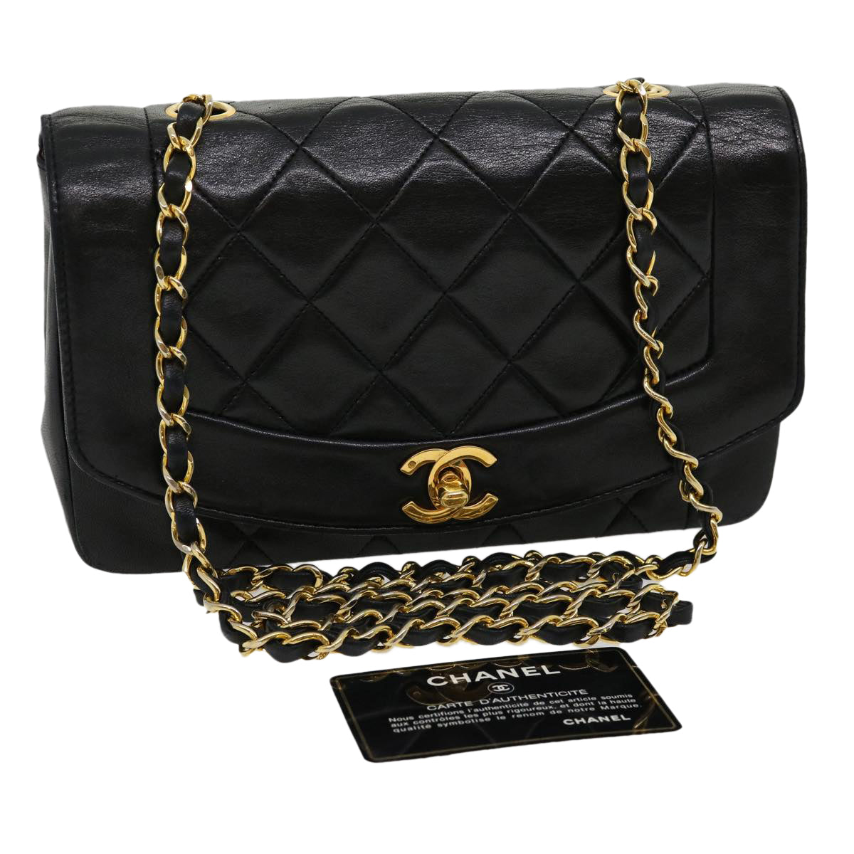 Top Quality Chanel Matelasse Diana Turn Lock Chain Shoulder Bag Lamb Skin Black Auth ar7368A