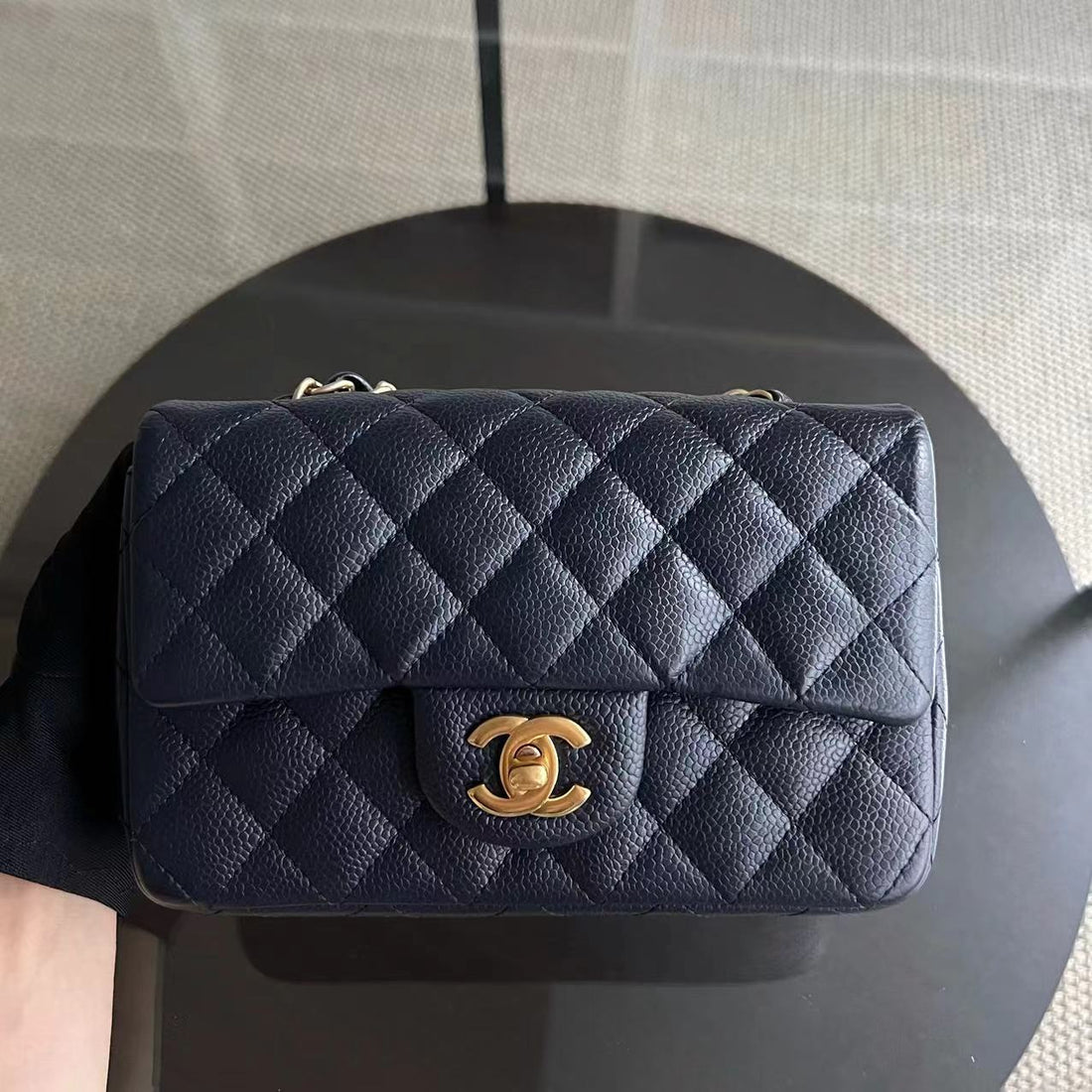 Caviar Mini Rectangle Classic Flap Quilted Grained Calfskin Dark Blue Golden Hardware Series 21
