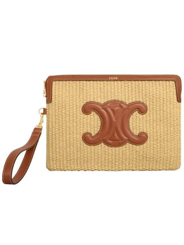 CELINE Triomphe Raffia Effect Small Pouch Bag Tan Natural