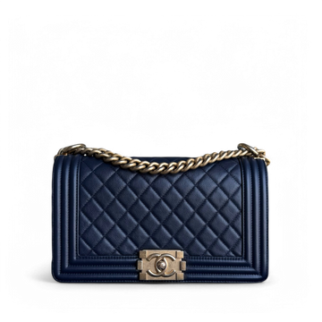 Chanel Boy Medium - Caviar 25CM Quilted Dark Navy Blue Gold Hardware Series 24