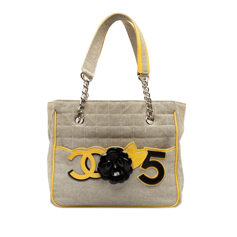 Chanel None.5 Chocolate Bar Camellia Chain Handbag A31573 Yellow Gr Canvas Emmeline  CHANEL
