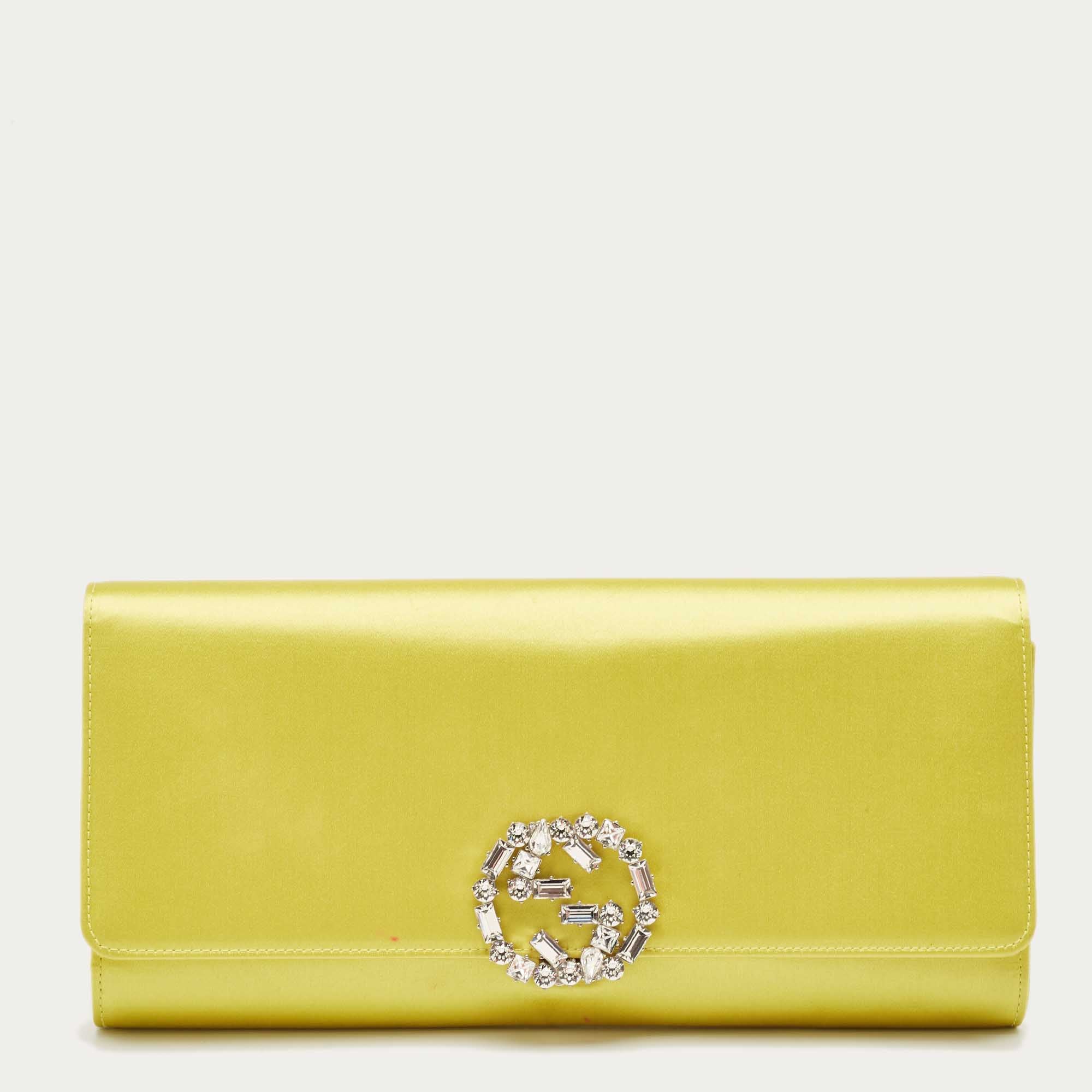 Gucci Yellow Satin Gg Crystals Broadway Clutch