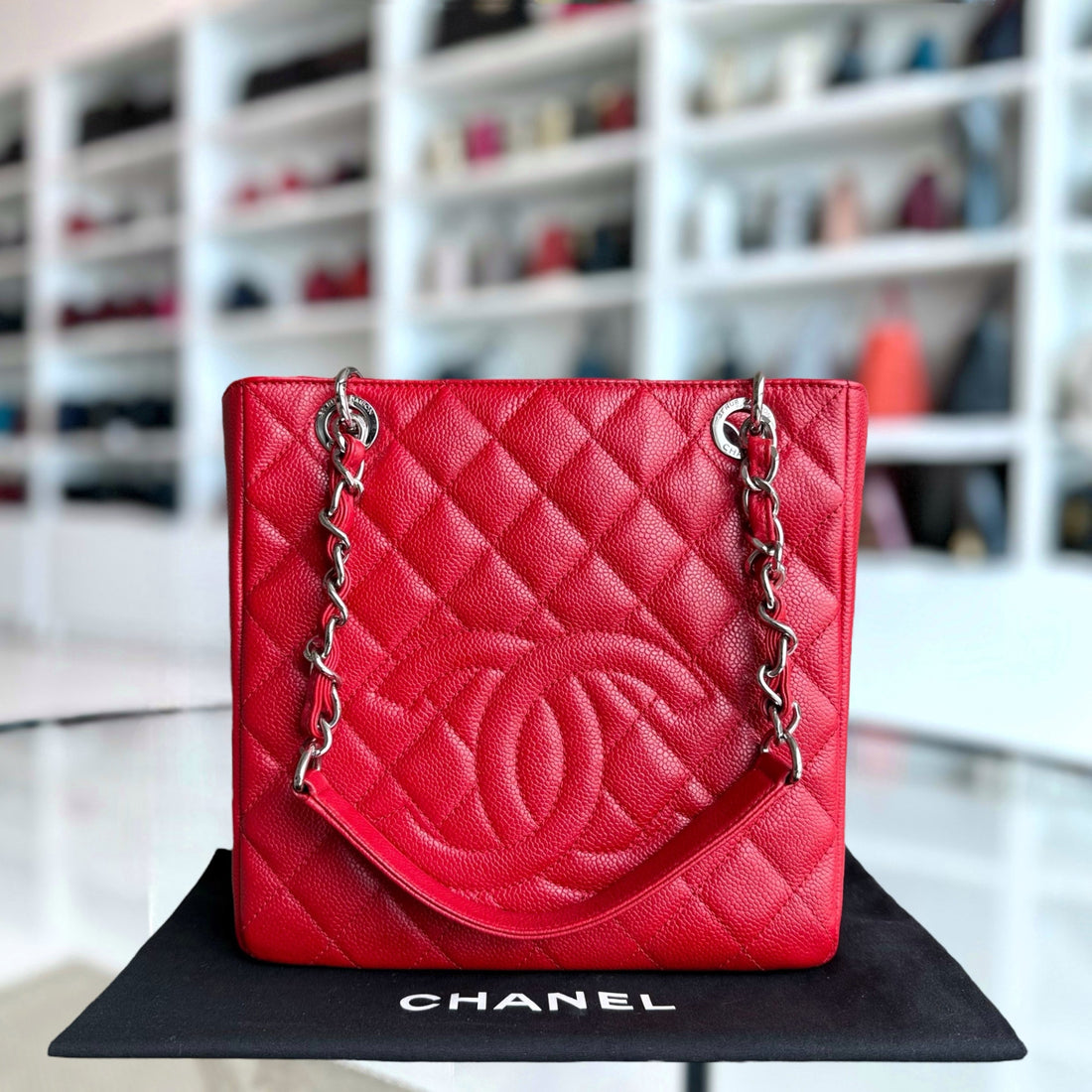 Chanel PST Petite Shopping Tote - Caviar Quilted Red Silver Hardware Series 18