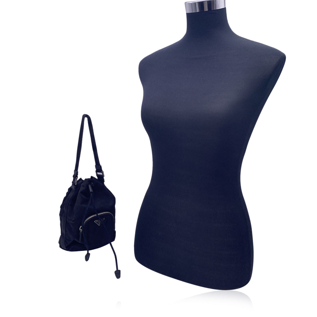 PRADA Black Nylon Mini Tessuto Nylon Duet Bucket Bag Handbag