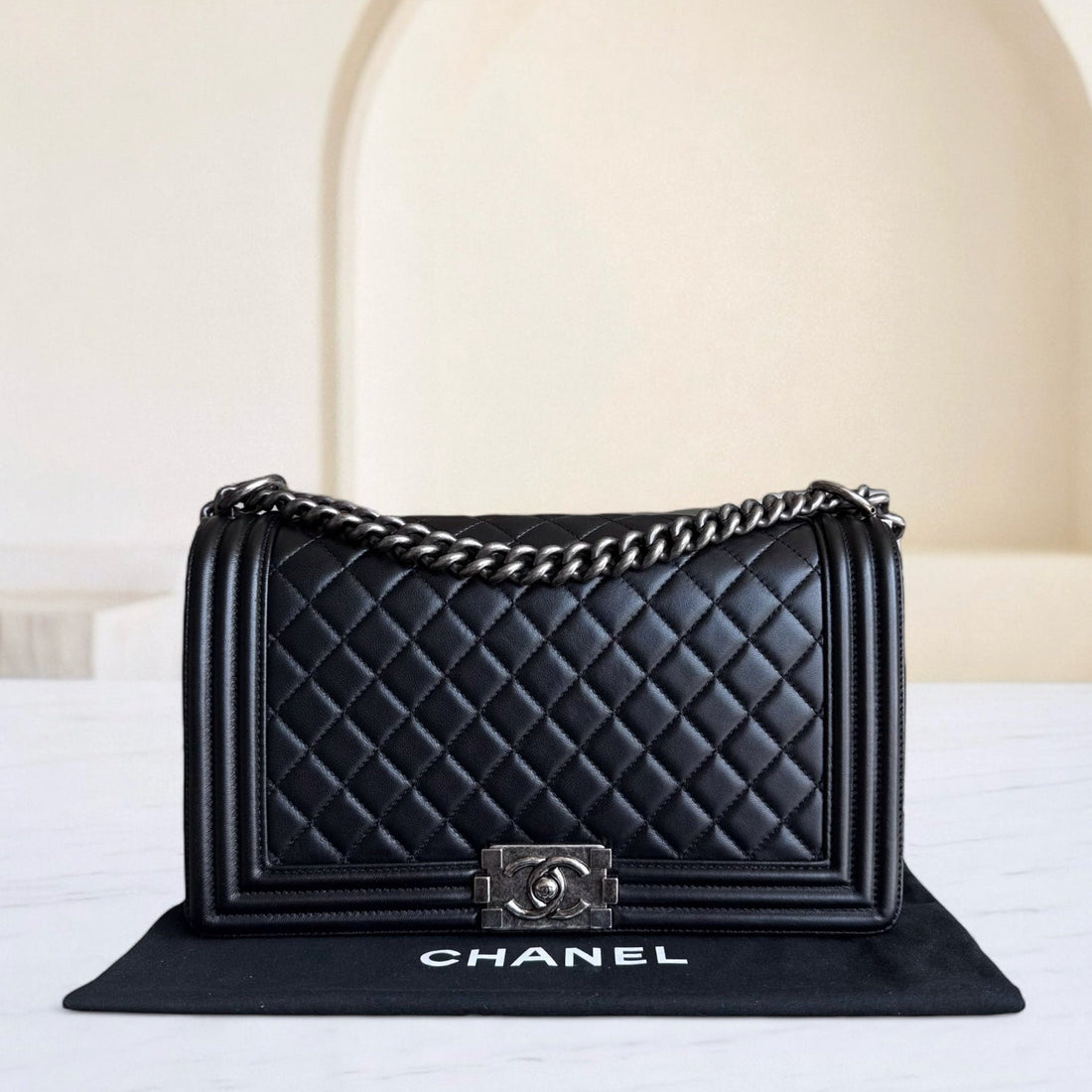 Chanel Boy New Medium - 28CM Quilted Lambskin Black Ruthenium Silver Hardware Series 21