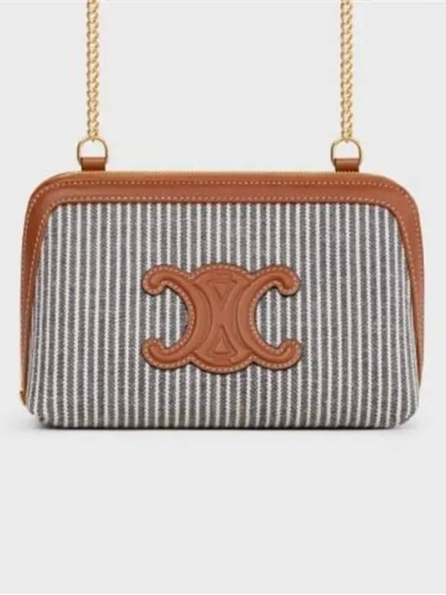 CELINE Cuir Triomphe Striped Textile Calfskin Chain Cluth Bag Navy Blue