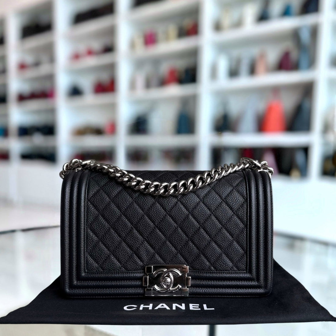 Chanel Boy Medium - Caviar 25CM Quilted Black Silver Hardware Series 17