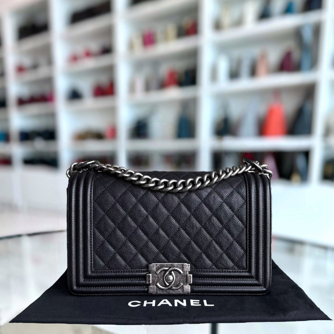 Chanel Boy Medium - Caviar 25CM Quilted Black Ruthenium Silver Hardware Series 23