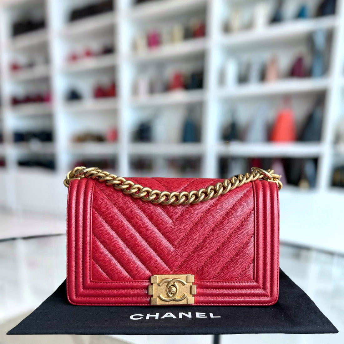 Chanel Boy Medium - 25CM Chevron Red Gold Hardware Series 25