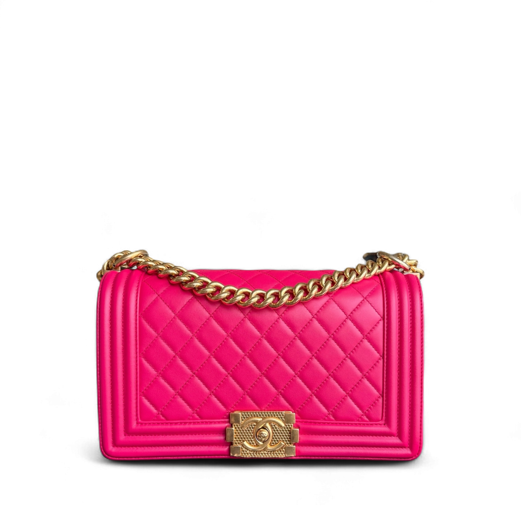 Chanel Boy Medium - 25CM Quilted Lambskin Hot Pink Gold Hardware Series 23