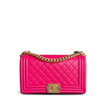 Chanel Boy Medium - 25CM Quilted Lambskin Hot Pink Gold Hardware Series 23