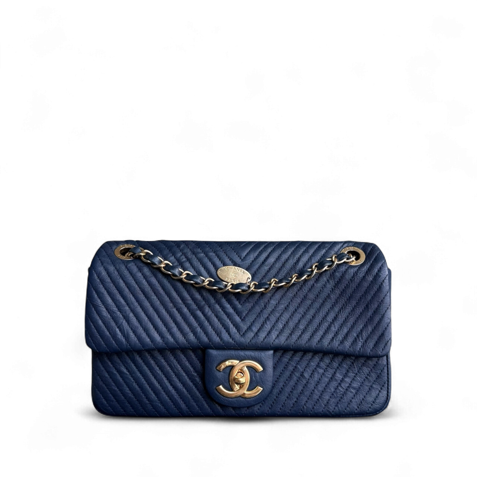 Chanel Seasonal Flap Medium - 25CM Surpique CC Herringbone Medallion Flap Chevron Dark Navy Blue Gold Hardware Series 22