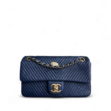 Chanel Seasonal Flap Medium - 25CM Surpique CC Herringbone Medallion Flap Chevron Dark Navy Blue Gold Hardware Series 22