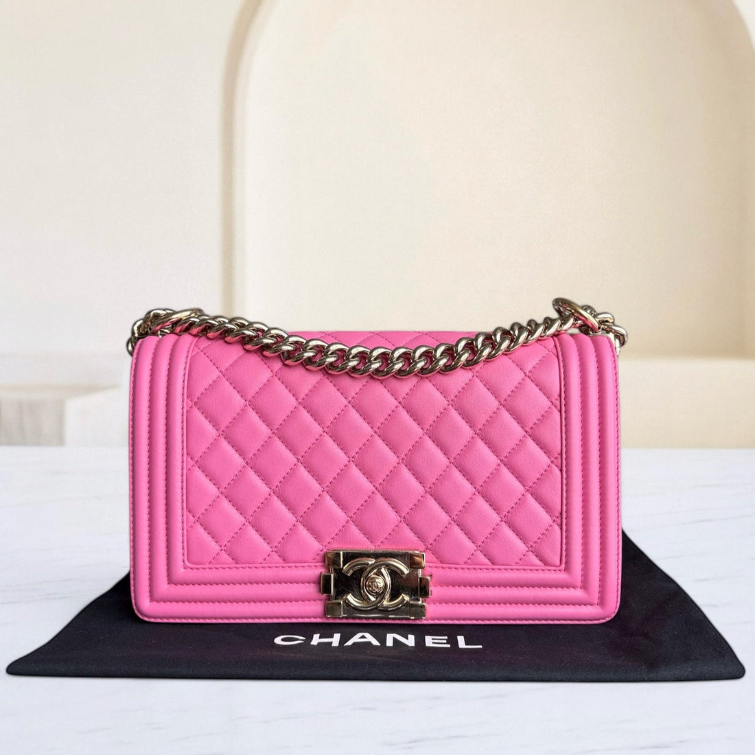 Chanel Boy Medium - Caflskin 25CM Quilted Pink Gold Hardware