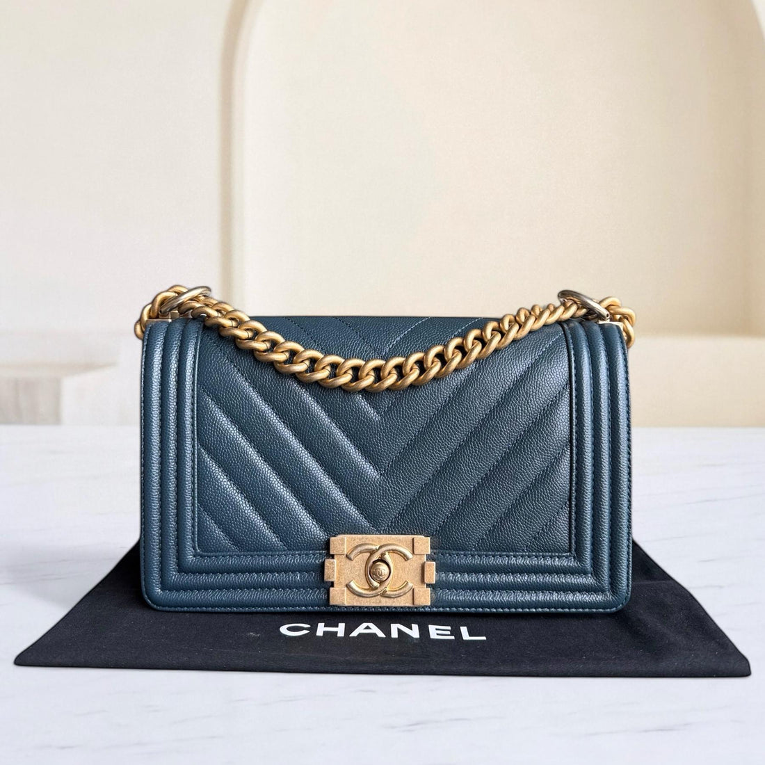 Chanel Boy Medium - Caviar 25CM Chevron Grained Calfskin Blue Gold Hardware Series 25