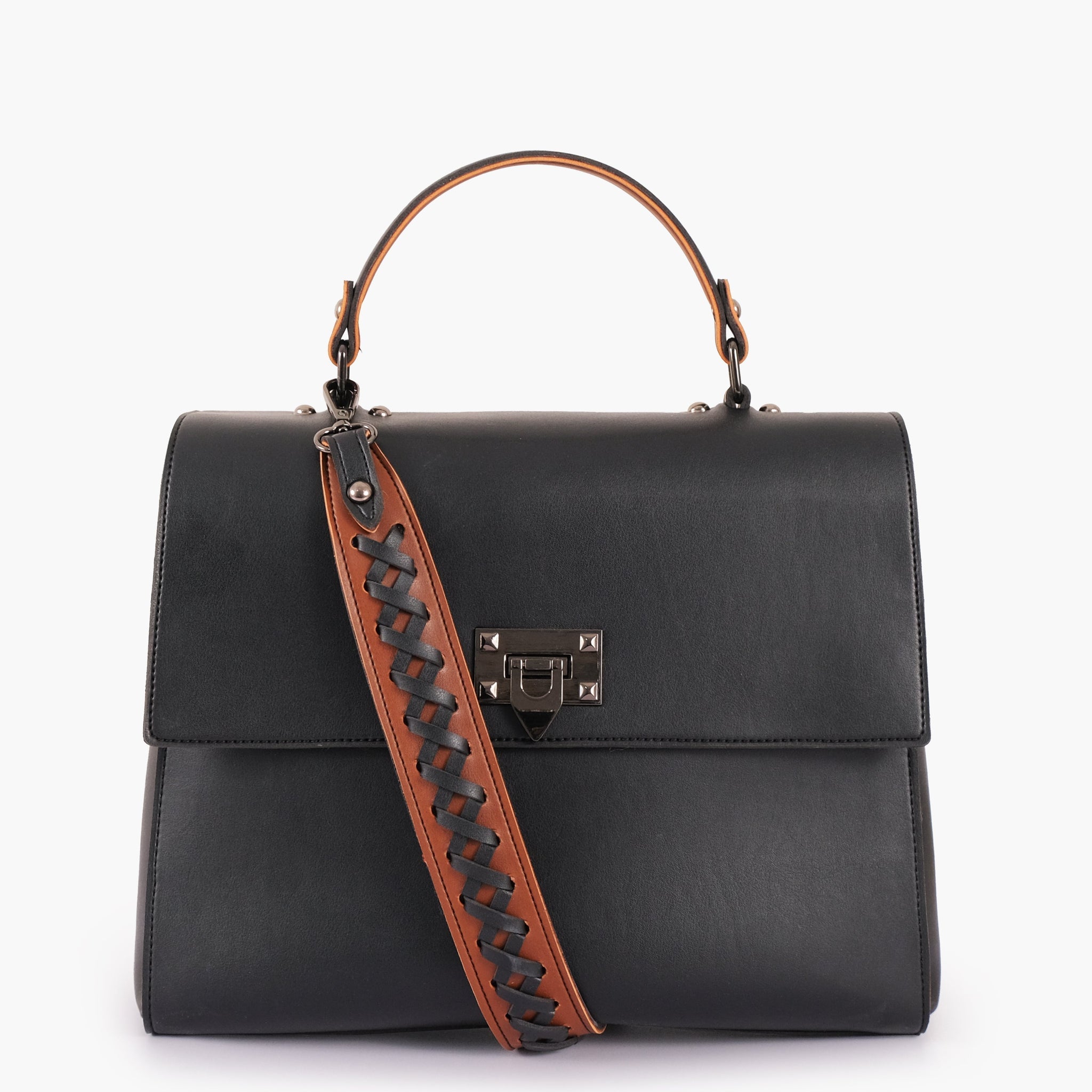 Black flap-over top-handle bag