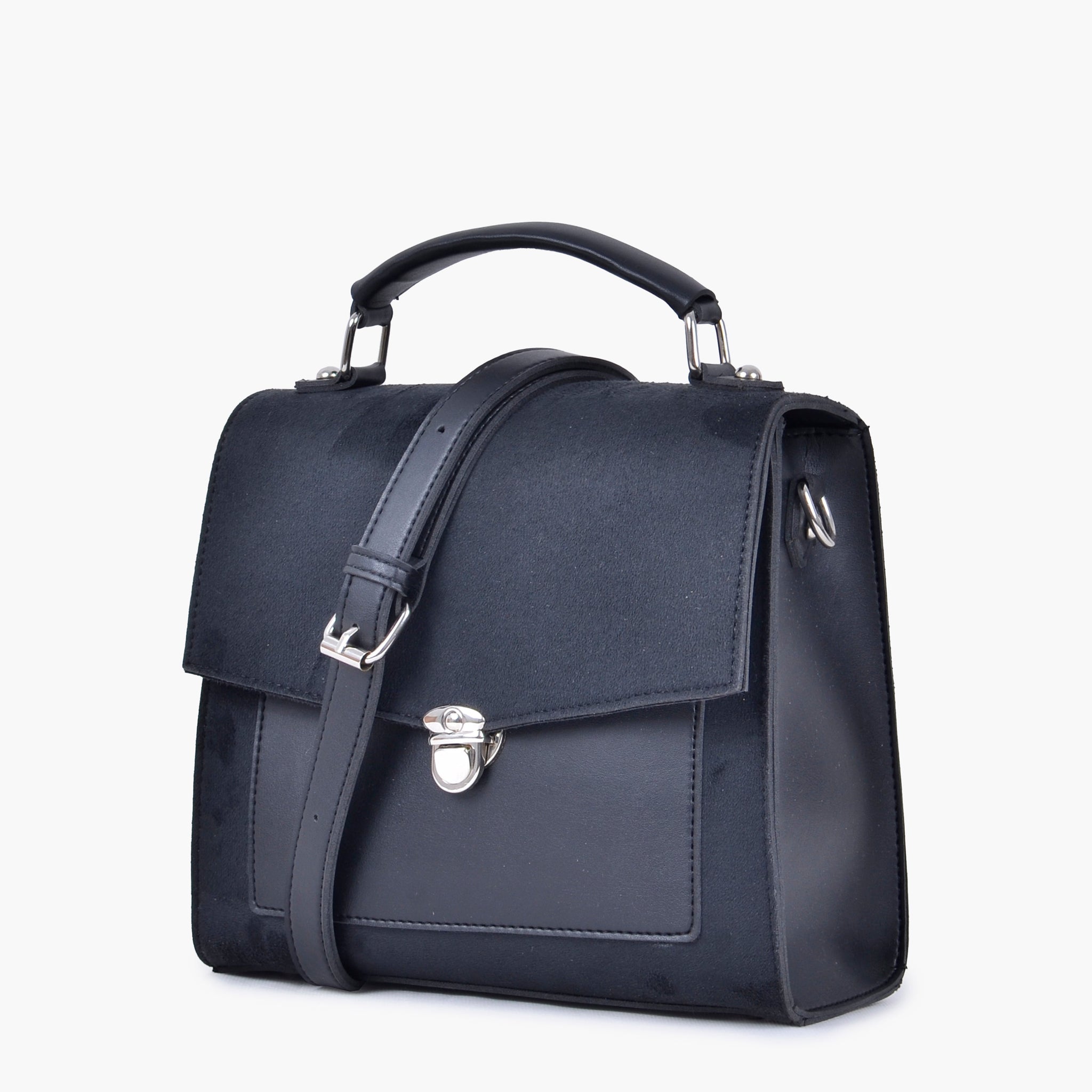 Black suede push-lock messenger bag