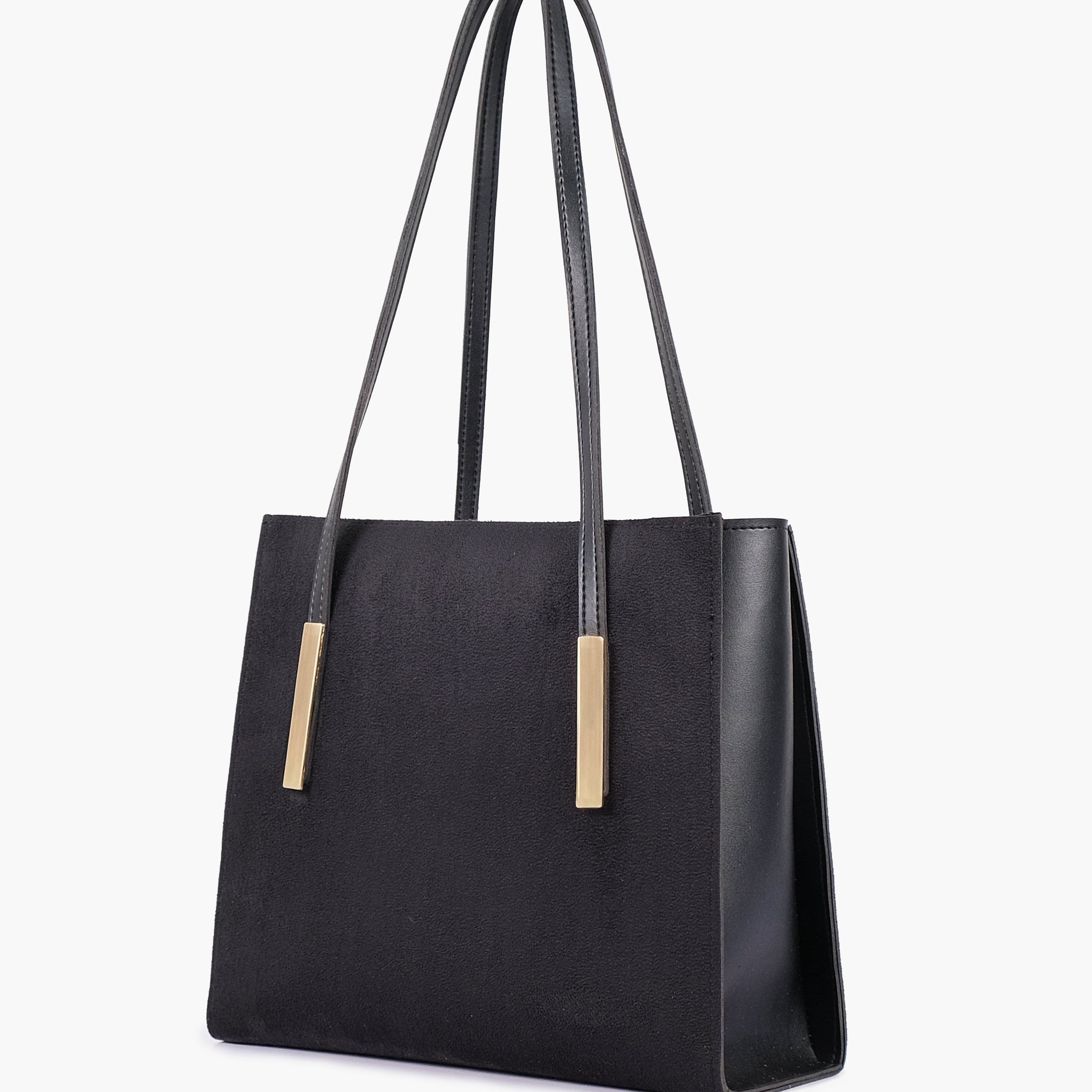 Black suede zipper shoulder bag with long handle